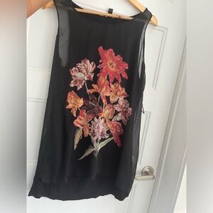 #36 🌺 5/$30 🌺 Mango sheer sleeveless black tunic / mini dress orange red flower